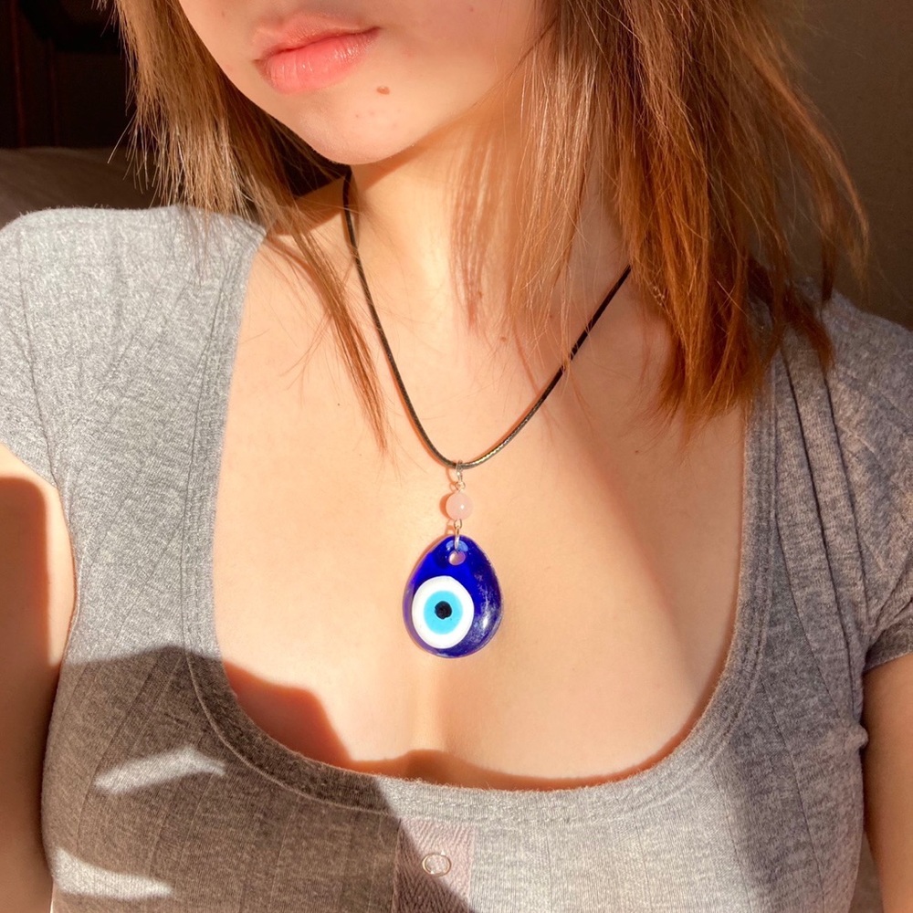 Nazar evil eye rose quartz crystal gemstone ball black necklace choker